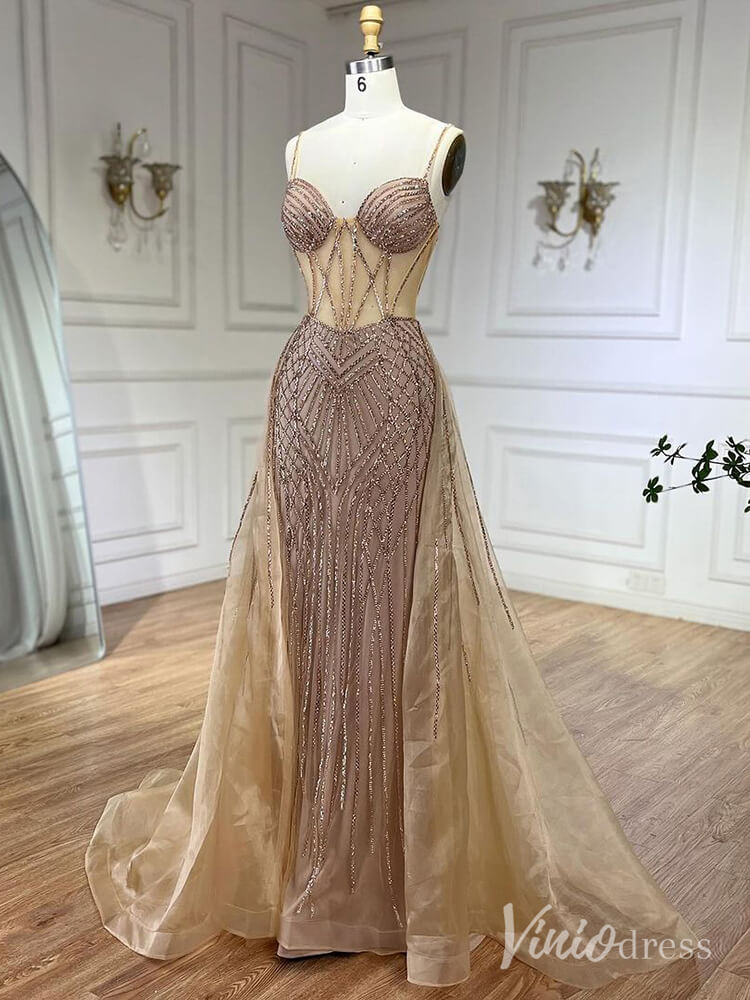 Beaded Lace Mermaid Prom Dresses with Overskirt Spaghetti Strap Pageant Dress AD1232-Evening Dresses 2025 -Viniodress-Mauve-US 2-