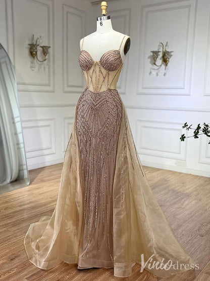 Beaded Lace Mermaid Prom Dresses with Overskirt Spaghetti Strap Pageant Dress AD1232-Evening Dresses 2025 -Viniodress-Mauve-US 2-