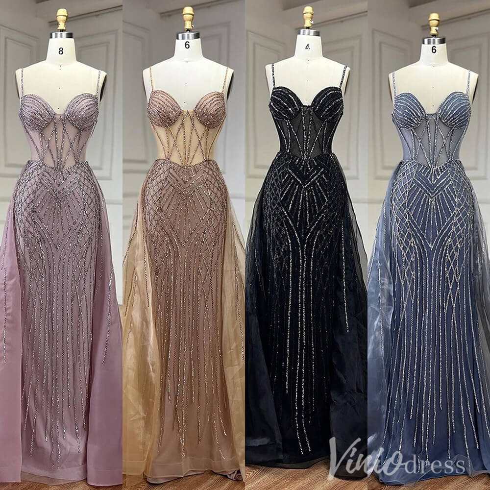 Beaded Lace Mermaid Prom Dresses with Overskirt Spaghetti Strap Pageant Dress AD1232-Evening Dresses 2025 -Viniodress-Mauve-US 2-