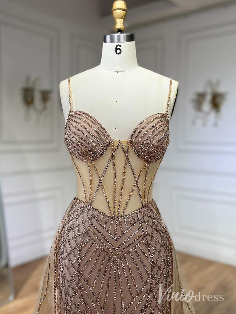 Beaded Lace Mermaid Prom Dresses with Overskirt Spaghetti Strap Pageant Dress AD1232-Evening Dresses 2025 -Viniodress-Mauve-US 2-