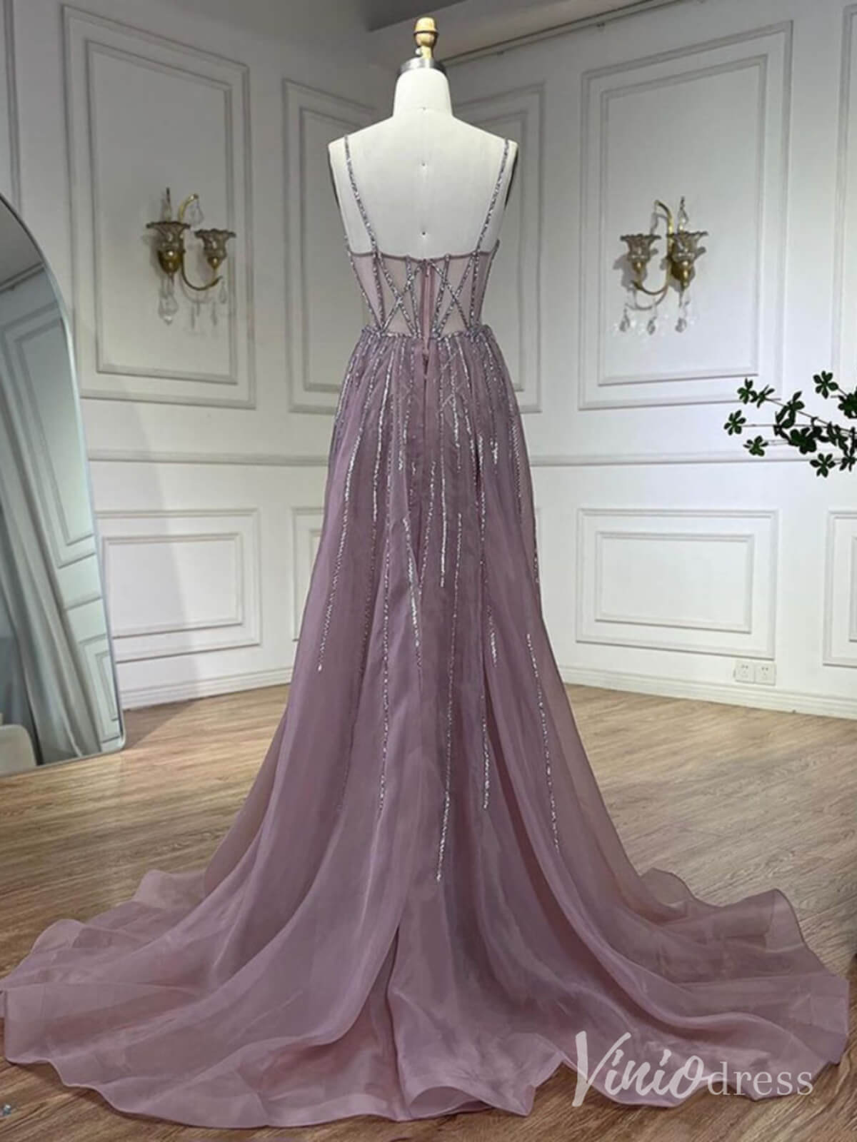 Beaded Lace Mermaid Prom Dresses with Overskirt Spaghetti Strap Pageant Dress AD1232-Evening Dresses 2025 -Viniodress-Mauve-US 2-