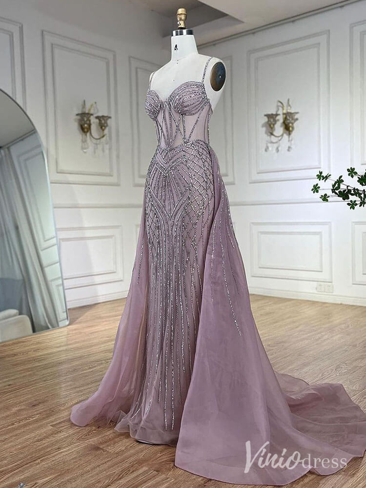 Beaded Lace Mermaid Prom Dresses with Overskirt Spaghetti Strap Pageant Dress AD1232-Evening Dresses 2025 -Viniodress-Mauve-US 2-