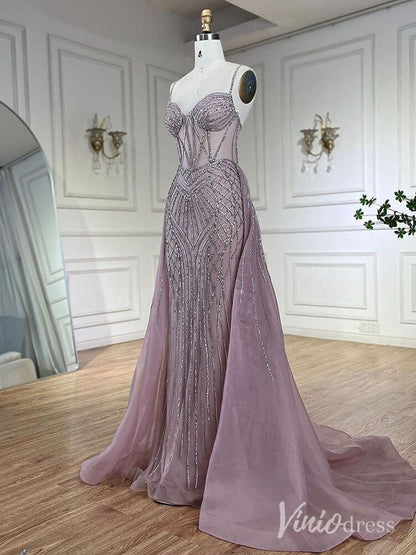 Beaded Lace Mermaid Prom Dresses with Overskirt Spaghetti Strap Pageant Dress AD1232-Evening Dresses 2025 -Viniodress-Mauve-US 2-