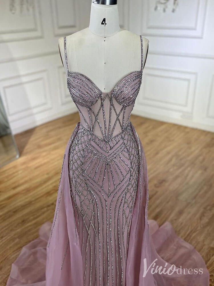 Beaded Lace Mermaid Prom Dresses with Overskirt Spaghetti Strap Pageant Dress AD1232-Evening Dresses 2025 -Viniodress-Mauve-US 2-