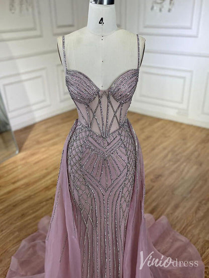 Beaded Lace Mermaid Prom Dresses with Overskirt Spaghetti Strap Pageant Dress AD1232-Evening Dresses 2025 -Viniodress-Mauve-US 2-