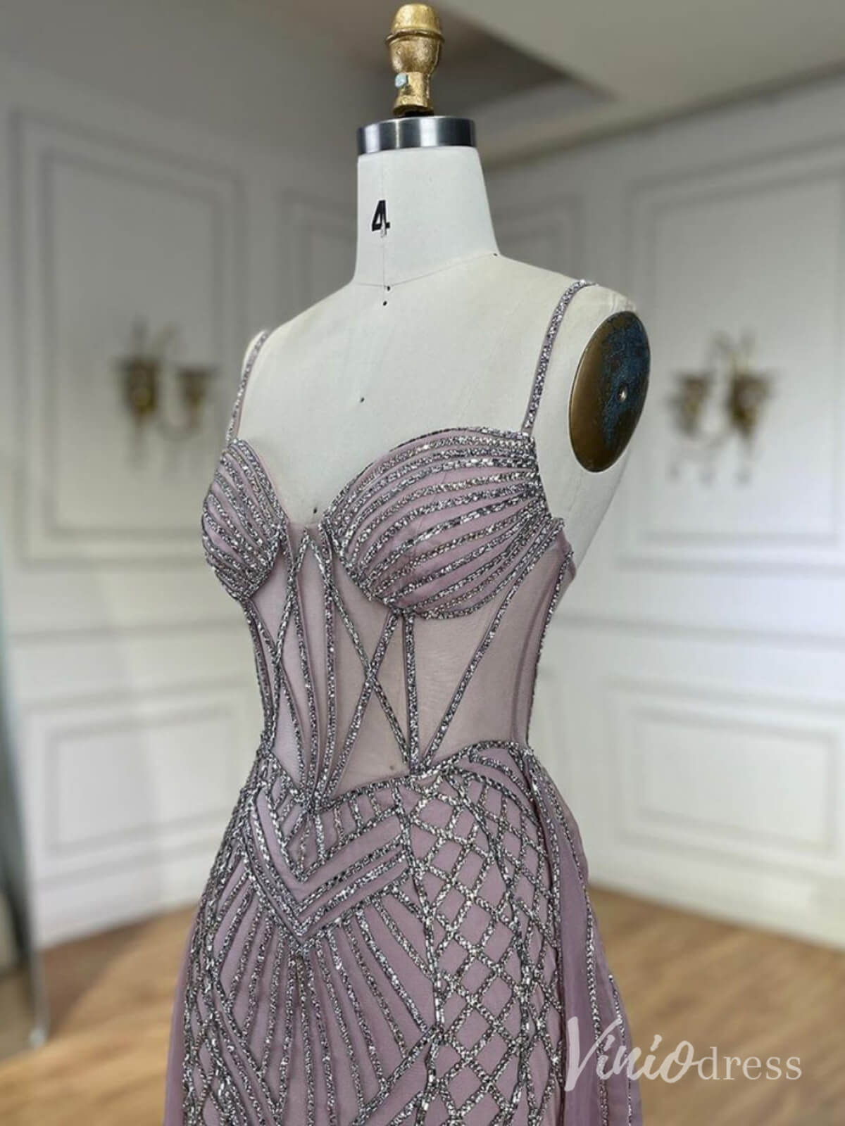 Beaded Lace Mermaid Prom Dresses with Overskirt Spaghetti Strap Pageant Dress AD1232-Evening Dresses 2025 -Viniodress-Mauve-US 2-