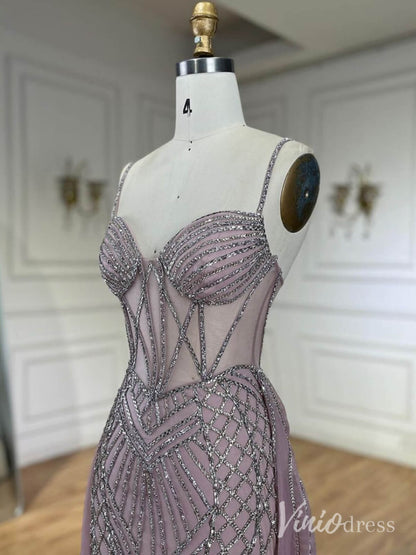 Beaded Lace Mermaid Prom Dresses with Overskirt Spaghetti Strap Pageant Dress AD1232-Evening Dresses 2025 -Viniodress-Mauve-US 2-