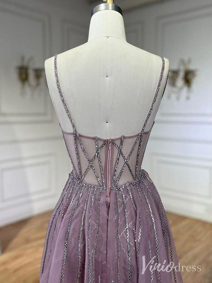 Beaded Lace Mermaid Prom Dresses with Overskirt Spaghetti Strap Pageant Dress AD1232-Evening Dresses 2025 -Viniodress-Mauve-US 2-