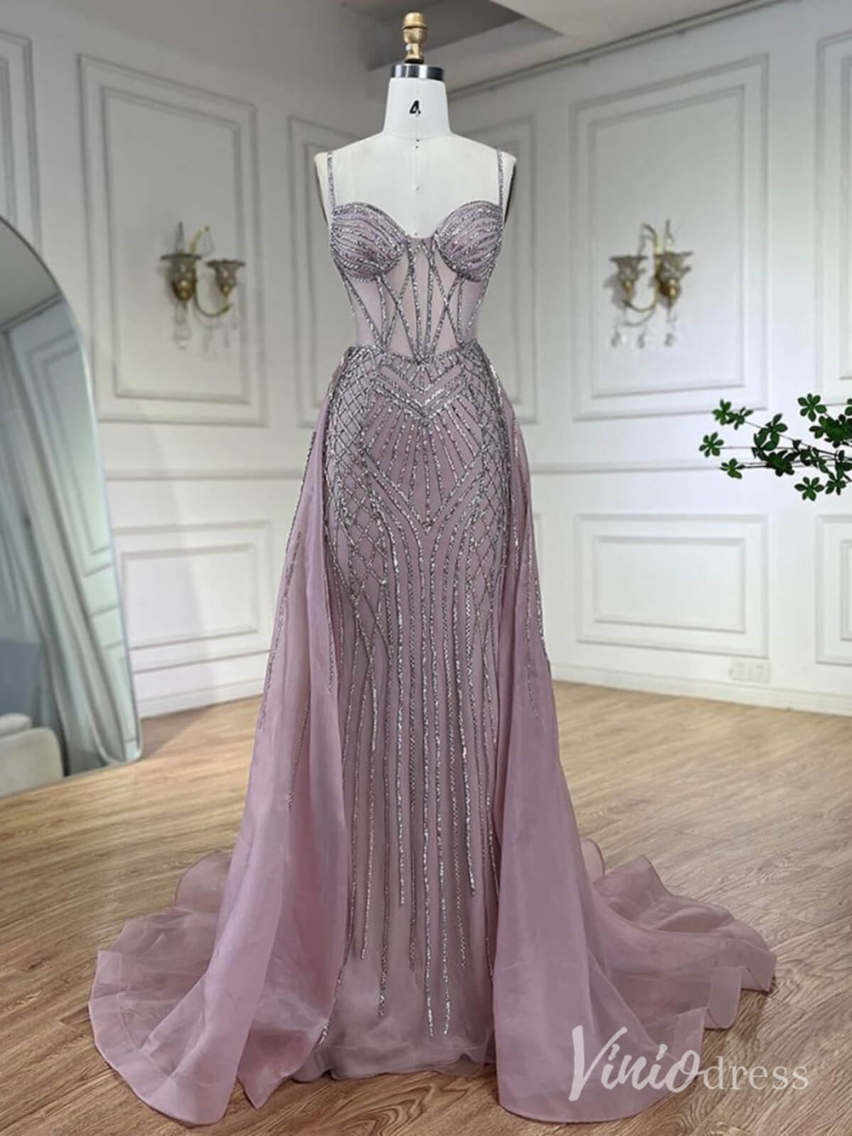 Beaded Lace Mermaid Prom Dresses with Overskirt Spaghetti Strap Pageant Dress AD1232-Evening Dresses 2025 -Viniodress-Mauve-US 2-