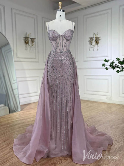 Beaded Lace Mermaid Prom Dresses with Overskirt Spaghetti Strap Pageant Dress AD1232-Evening Dresses 2025 -Viniodress-Mauve-US 2-