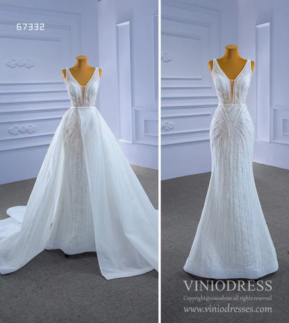 Beaded Lace Mermaid Wedding Dresses with Removable Overskirt Viniodress 67332-wedding dresses 2025 -Viniodress-As Picture-Custom Size-