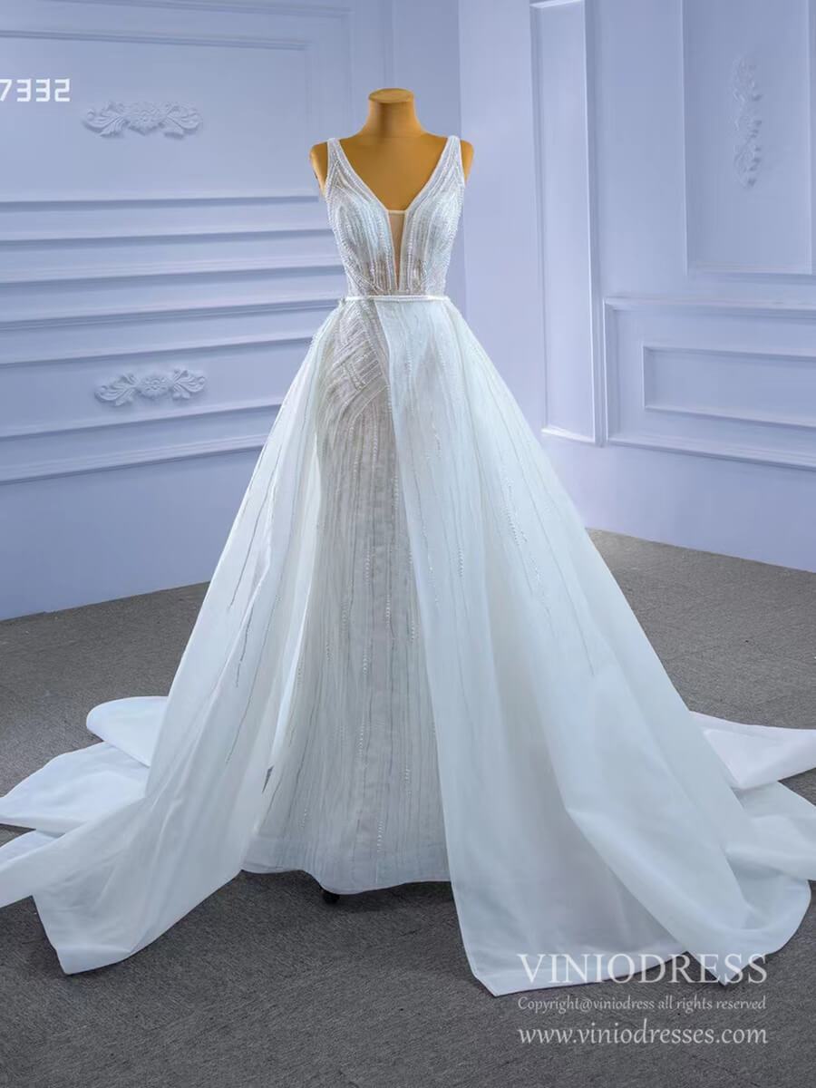Beaded Lace Mermaid Wedding Dresses with Removable Overskirt Viniodress 67332-wedding dresses 2025 -Viniodress-As Picture-Custom Size-
