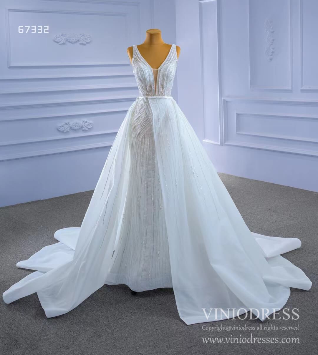 Beaded Lace Mermaid Wedding Dresses with Removable Overskirt Viniodress 67332-wedding dresses 2025 -Viniodress-As Picture-Custom Size-