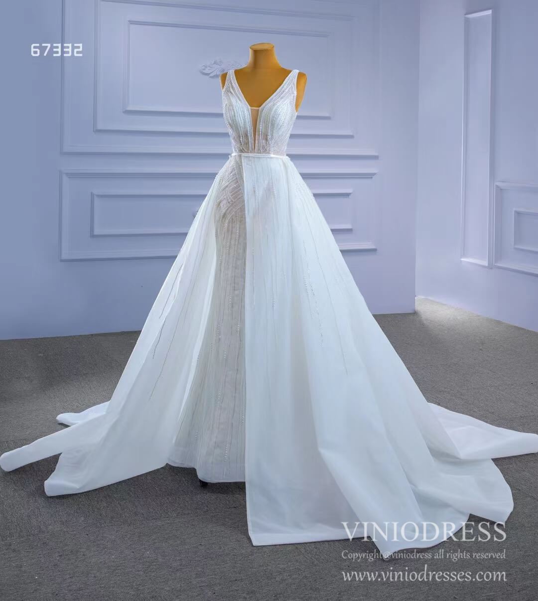 Beaded Lace Mermaid Wedding Dresses with Removable Overskirt Viniodress 67332-wedding dresses 2025 -Viniodress-As Picture-Custom Size-