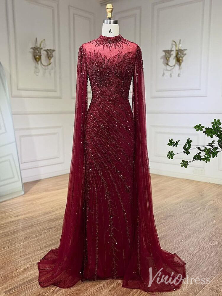 Beaded Lace Sheath Prom Dresses Extra Long Sleeve High Neck Mother of the Bride Dress AD1230-Evening Dresses 2025 -Viniodress-Burgundy-US 2-