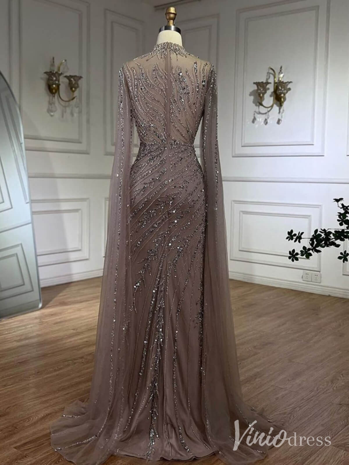 Beaded Lace Sheath Prom Dresses Extra Long Sleeve High Neck Mother of the Bride Dress AD1230-Evening Dresses 2025 -Viniodress-Green-US 2-