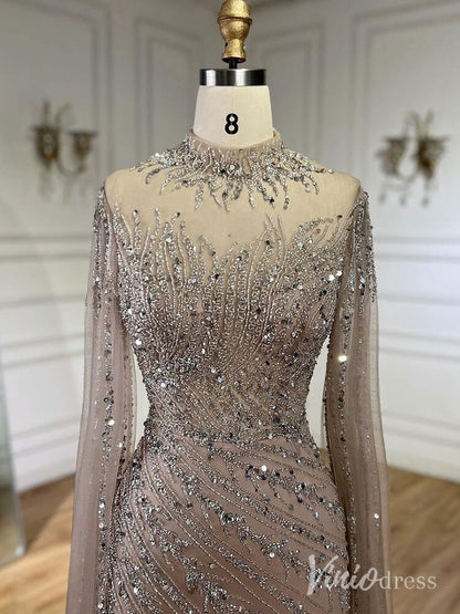 Beaded Lace Sheath Prom Dresses Extra Long Sleeve High Neck Mother of the Bride Dress AD1230-Evening Dresses 2025 -Viniodress-Green-US 2-