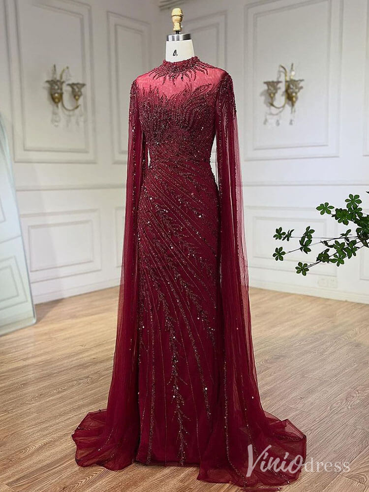 Beaded Lace Sheath Prom Dresses Extra Long Sleeve High Neck Mother of the Bride Dress AD1230-Evening Dresses 2025 -Viniodress-Green-US 2-