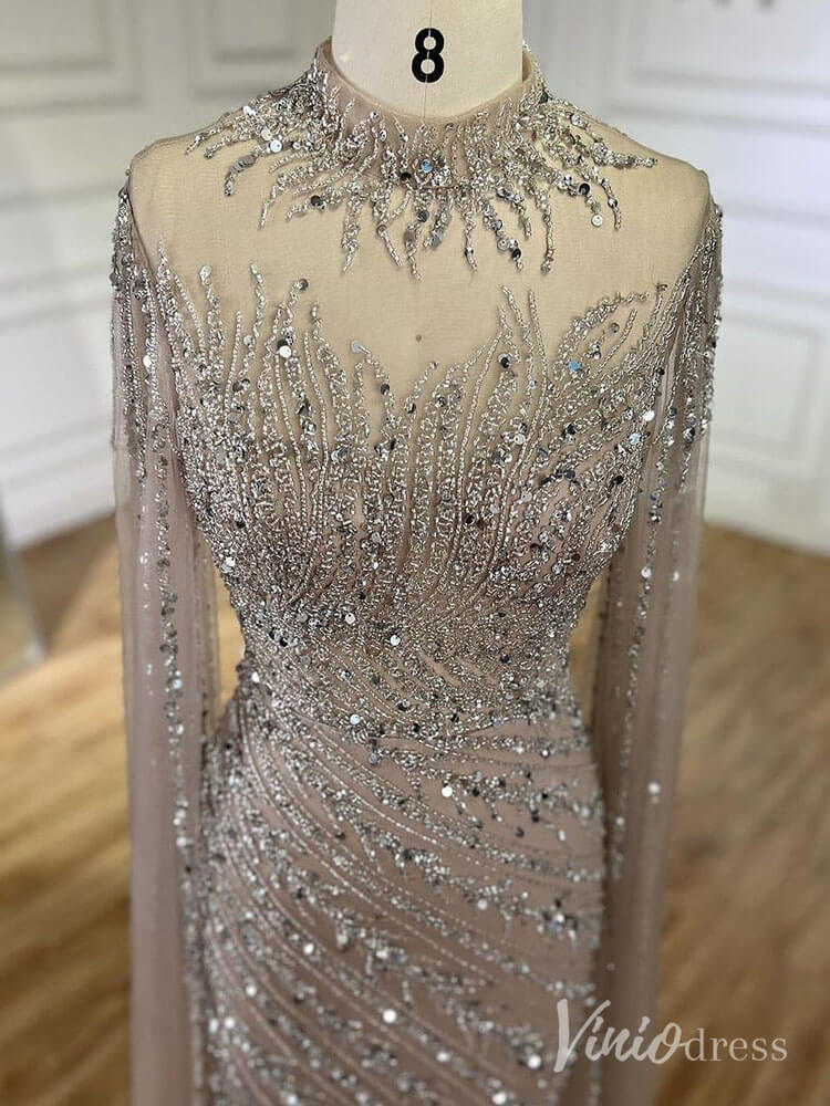 Beaded Lace Sheath Prom Dresses Extra Long Sleeve High Neck Mother of the Bride Dress AD1230-Evening Dresses 2025 -Viniodress-Green-US 2-