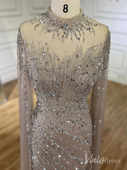 Beaded Lace Sheath Prom Dresses Extra Long Sleeve High Neck Mother of the Bride Dress AD1230-Evening Dresses 2025 -Viniodress-Green-US 2-