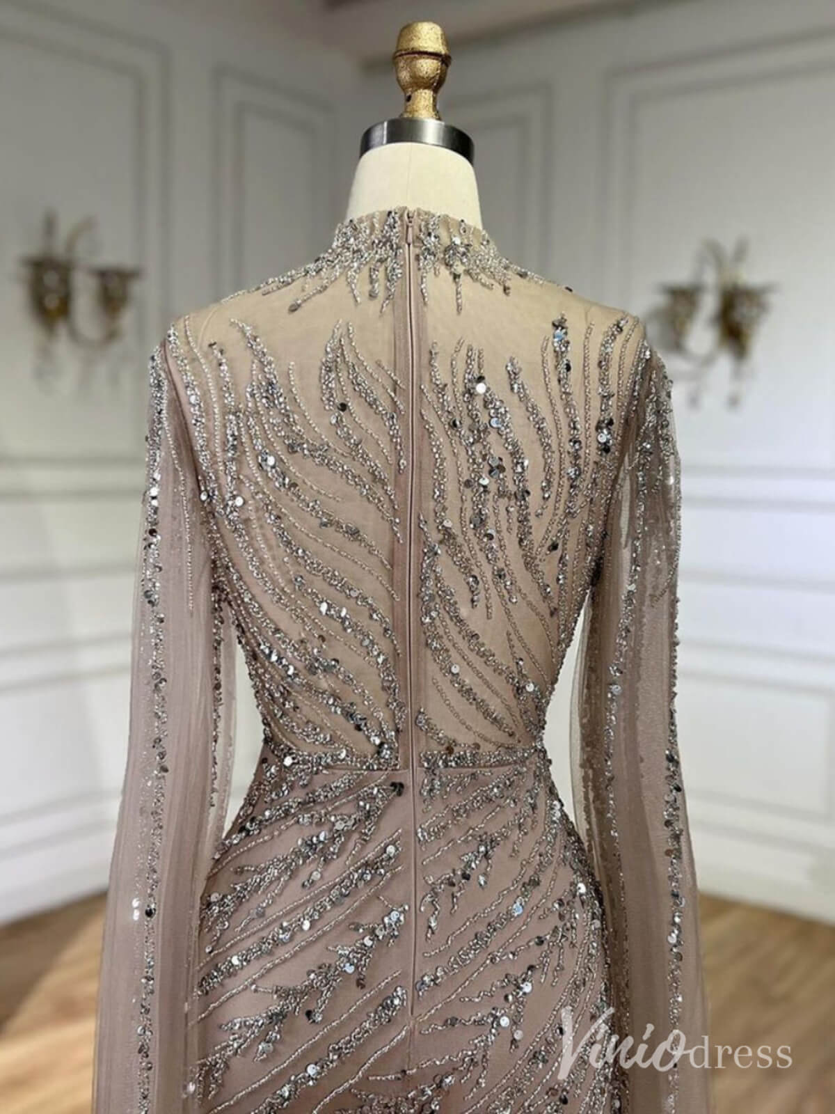 Beaded Lace Sheath Prom Dresses Extra Long Sleeve High Neck Mother of the Bride Dress AD1230-Evening Dresses 2025 -Viniodress-Green-US 2-