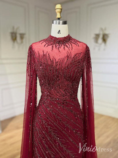 Beaded Lace Sheath Prom Dresses Extra Long Sleeve High Neck Mother of the Bride Dress AD1230-Evening Dresses 2025 -Viniodress-Green-US 2-