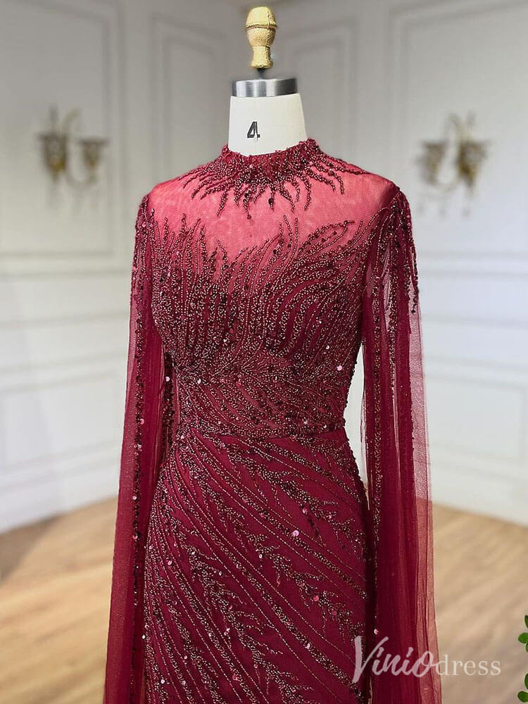 Beaded Lace Sheath Prom Dresses Extra Long Sleeve High Neck Mother of the Bride Dress AD1230-Evening Dresses 2025 -Viniodress-Green-US 2-