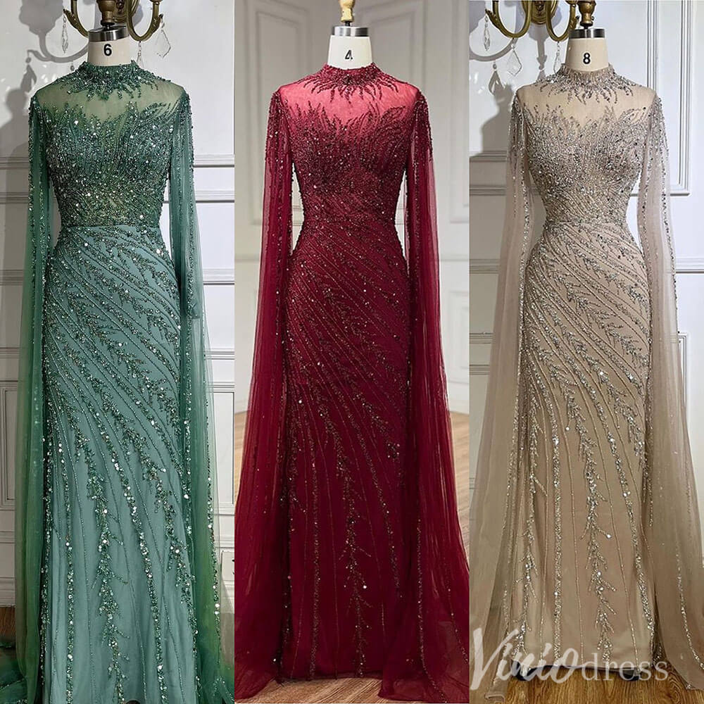 Beaded Lace Sheath Prom Dresses Extra Long Sleeve High Neck Mother of the Bride Dress AD1230-Evening Dresses 2025 -Viniodress-Green-US 2-