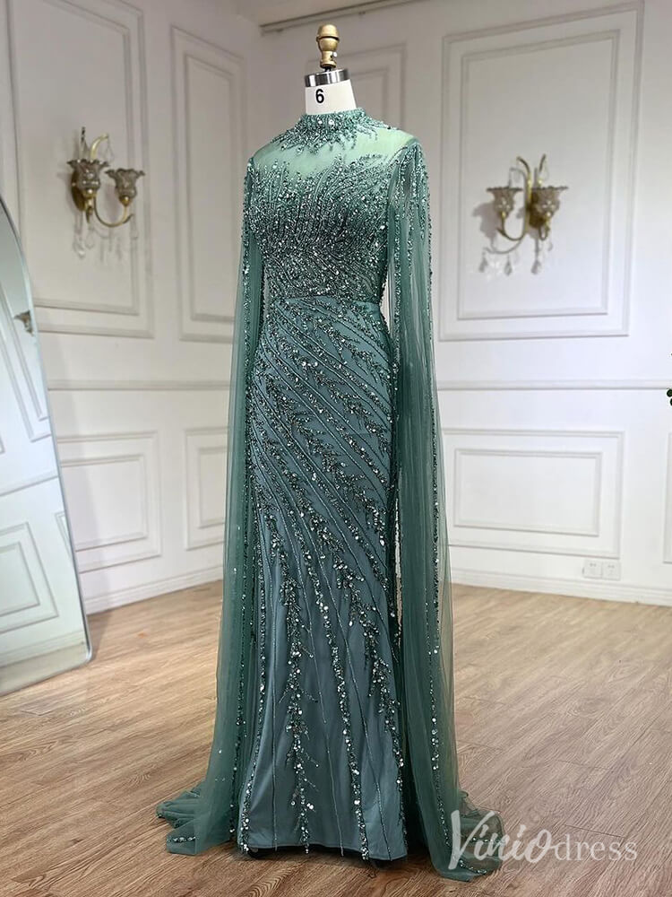Beaded Lace Sheath Prom Dresses Extra Long Sleeve High Neck Mother of the Bride Dress AD1230-Evening Dresses 2025 -Viniodress-Green-US 2-