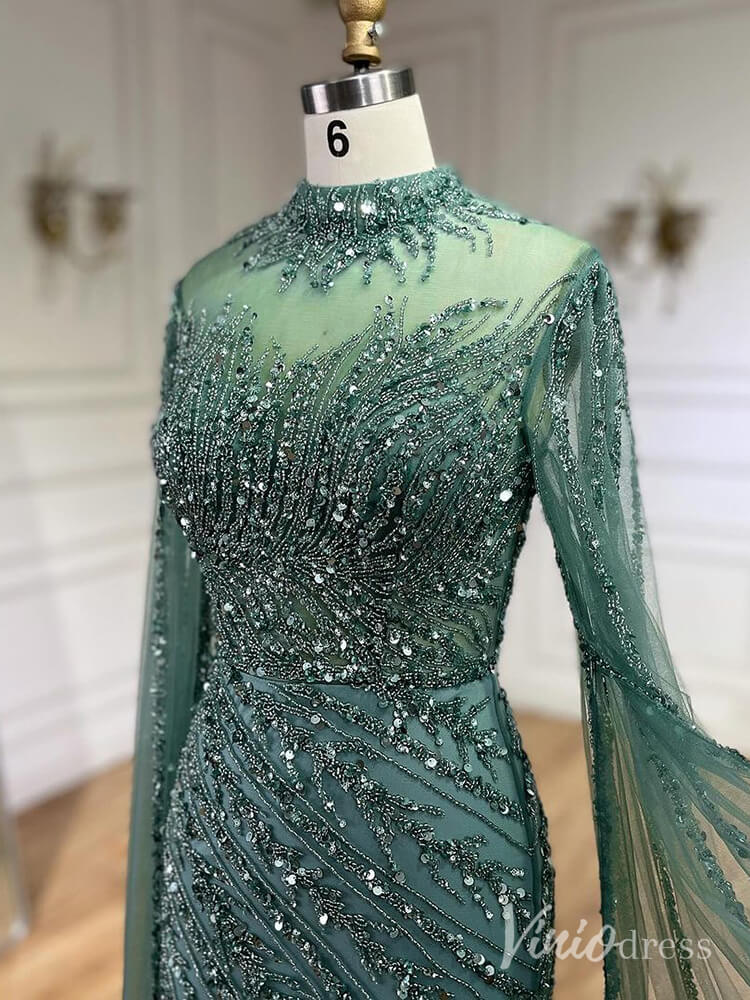 Beaded Lace Sheath Prom Dresses Extra Long Sleeve High Neck Mother of the Bride Dress AD1230-Evening Dresses 2025 -Viniodress-Green-US 2-