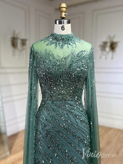 Beaded Lace Sheath Prom Dresses Extra Long Sleeve High Neck Mother of the Bride Dress AD1230-Evening Dresses 2025 -Viniodress-Green-US 2-