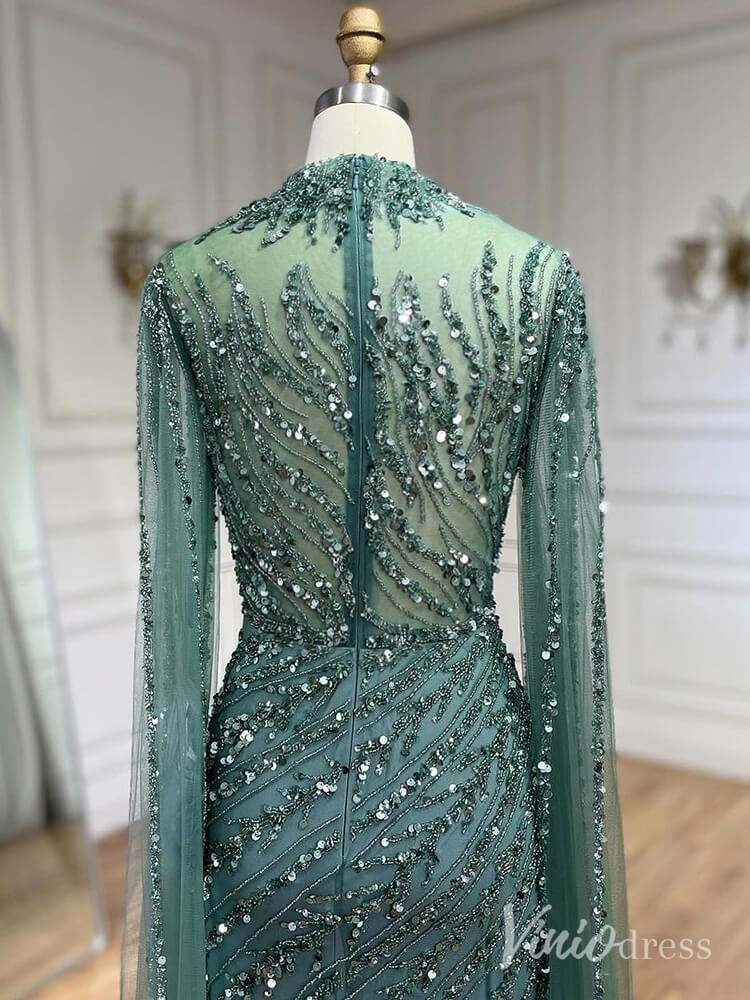 fitted lace wedding dress Satin Beaded Sheath Formal Dresses Long Sleeve Prom Dress 21615 –  vigocouture main image 0