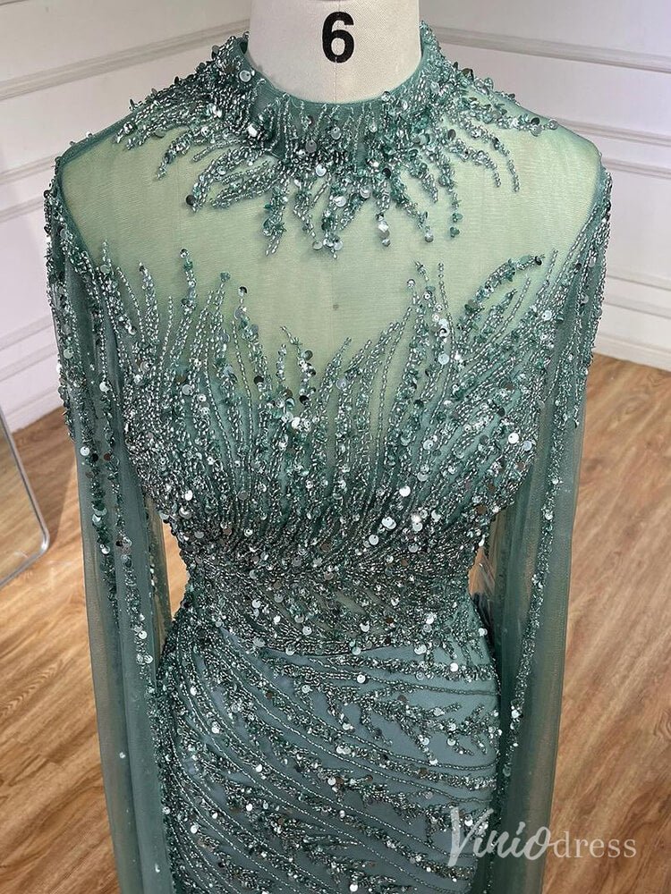 Beaded Lace Sheath Prom Dresses Extra Long Sleeve High Neck Mother of the Bride Dress AD1230-Evening Dresses 2025 -Viniodress-Green-US 2-