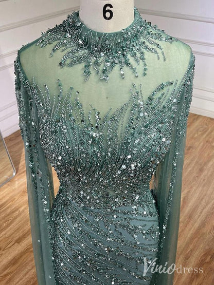 Beaded Lace Sheath Prom Dresses Extra Long Sleeve High Neck Mother of the Bride Dress AD1230-Evening Dresses 2025 -Viniodress-Green-US 2-