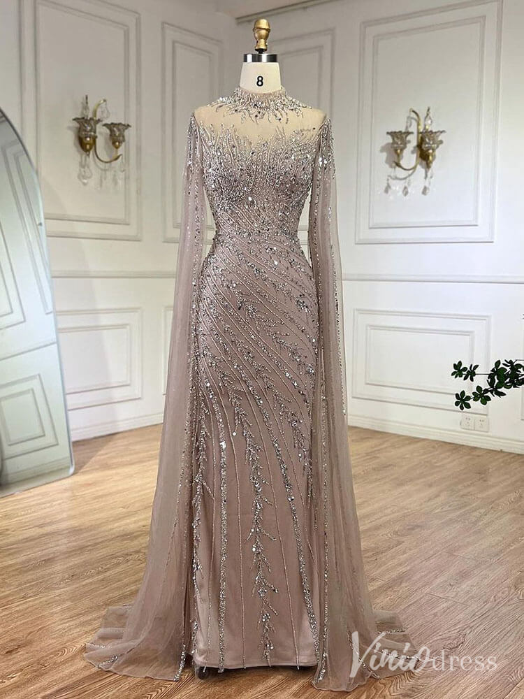 Beaded Lace Sheath Prom Dresses Extra Long Sleeve High Neck Mother of the Bride Dress AD1230-Evening Dresses 2025 -Viniodress-Khaki-US 2-