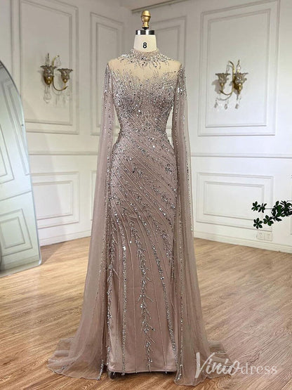Beaded Lace Sheath Prom Dresses Extra Long Sleeve High Neck Mother of the Bride Dress AD1230-Evening Dresses 2025 -Viniodress-Khaki-US 2-