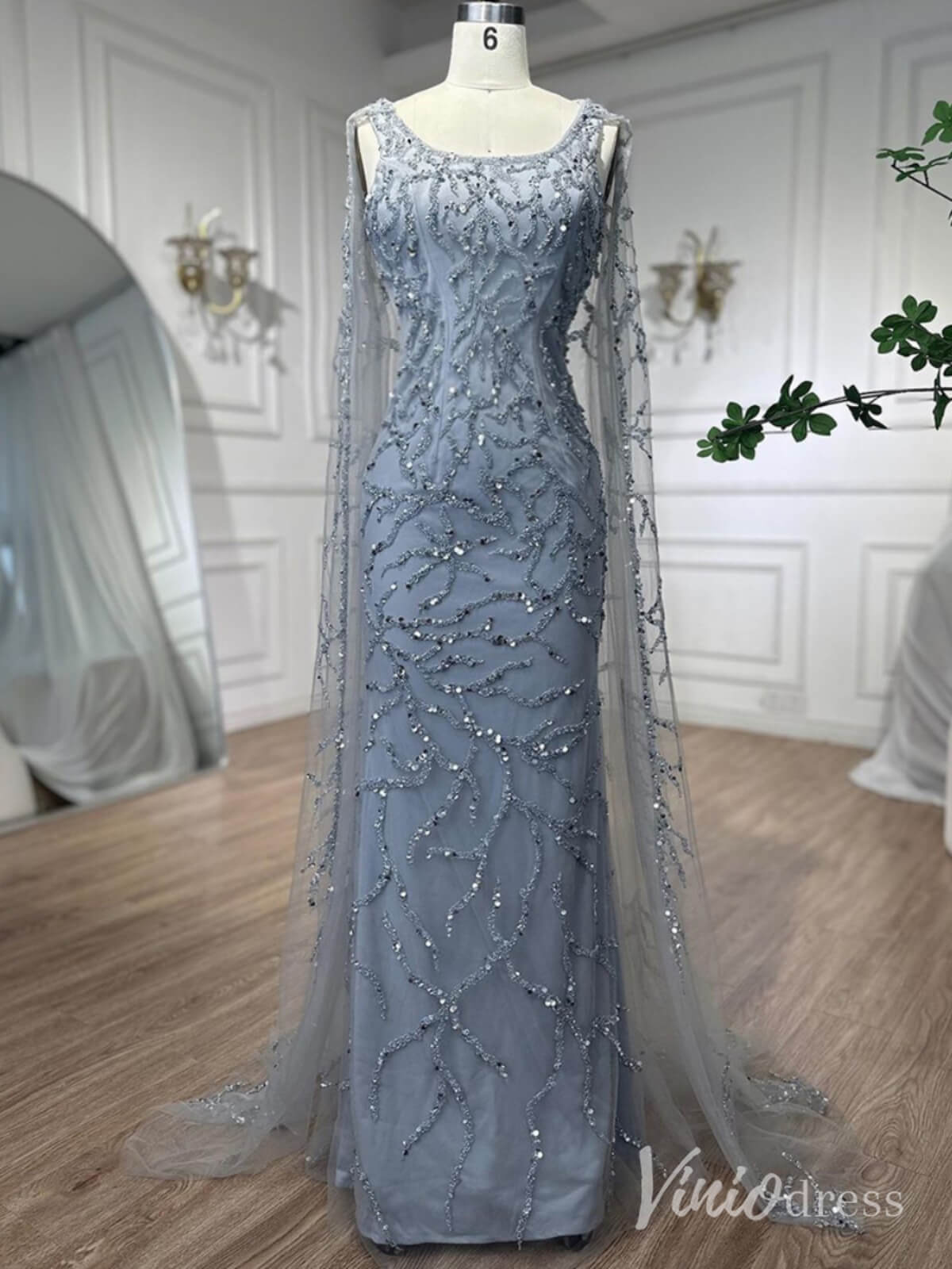 Beaded Lace Sheath Prom Dresses Extra Long Sleeve Pageant Dress AD1239-Evening Dresses 2025 -Viniodress-Blue-US 2-