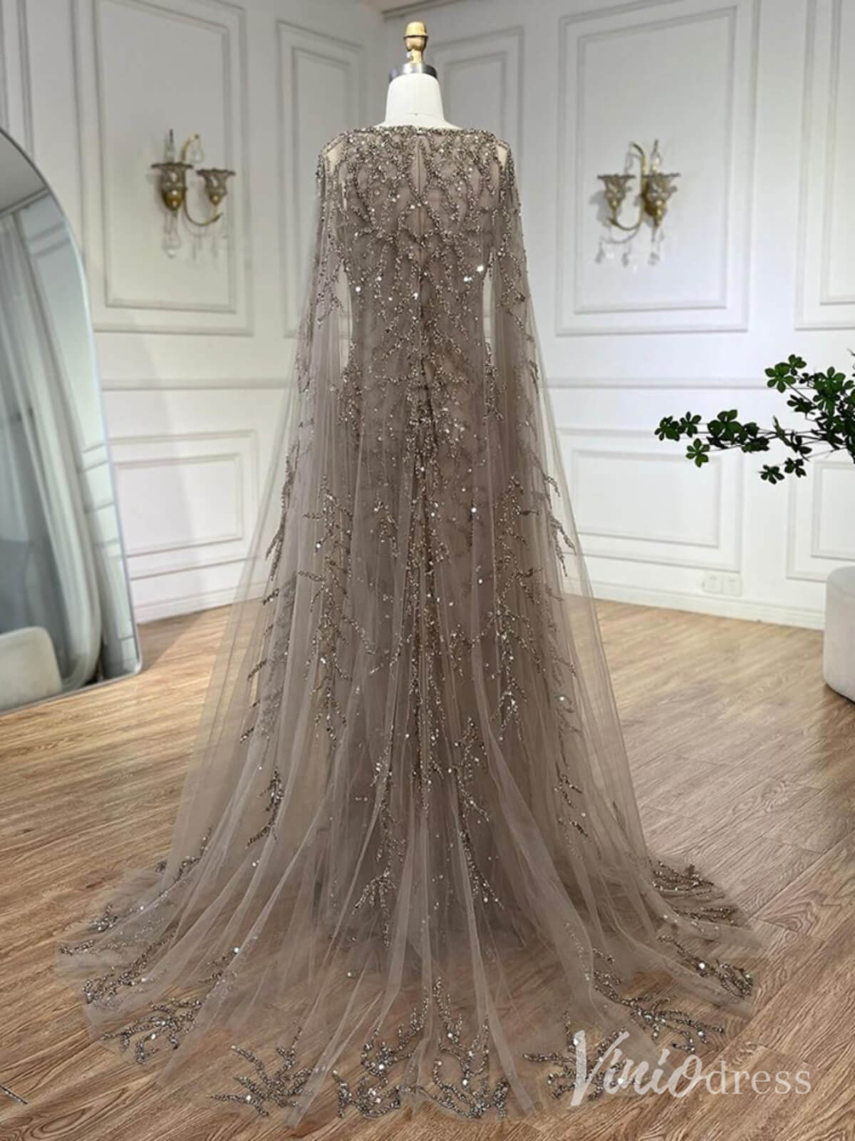 Beaded Lace Sheath Prom Dresses Extra Long Sleeve Pageant Dress AD1239-Evening Dresses 2025 -Viniodress-Khaki-US 2-
