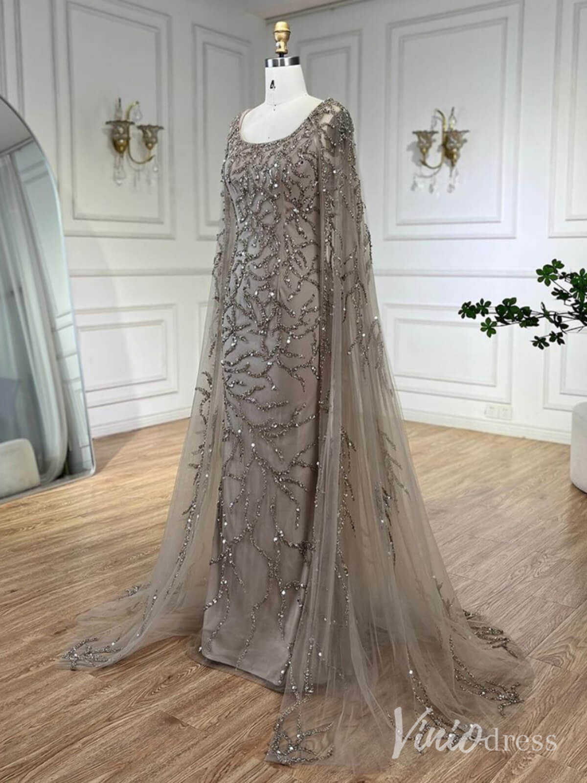 Beaded Lace Sheath Prom Dresses Extra Long Sleeve Pageant Dress AD1239-Evening Dresses 2025 -Viniodress-Khaki-US 2-