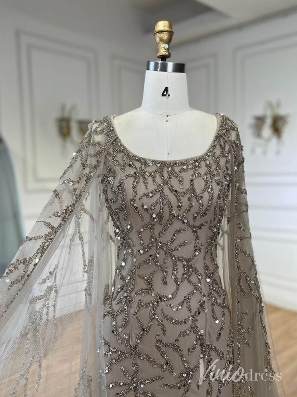 Beaded Lace Sheath Prom Dresses Extra Long Sleeve Pageant Dress AD1239-Evening Dresses 2025 -Viniodress-Khaki-US 2-