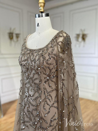 Beaded Lace Sheath Prom Dresses Extra Long Sleeve Pageant Dress AD1239-Evening Dresses 2025 -Viniodress-Khaki-US 2-