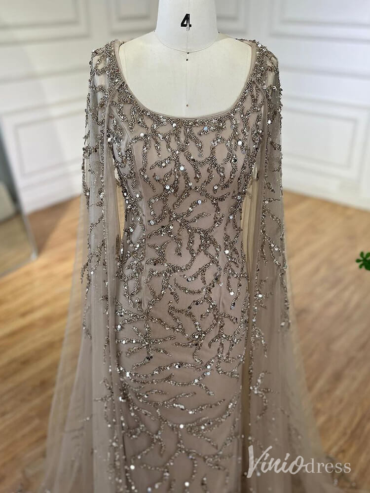 Beaded Lace Sheath Prom Dresses Extra Long Sleeve Pageant Dress AD1239-Evening Dresses 2025 -Viniodress-Khaki-US 2-