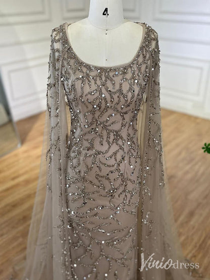 Beaded Lace Sheath Prom Dresses Extra Long Sleeve Pageant Dress AD1239-Evening Dresses 2025 -Viniodress-Khaki-US 2-