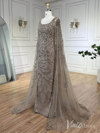 Beaded Lace Sheath Prom Dresses Extra Long Sleeve Pageant Dress AD1239-Evening Dresses 2025 -Viniodress-Khaki-US 2-