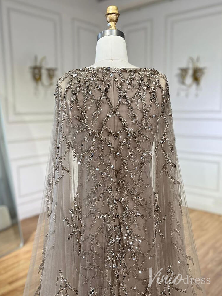 Beaded Lace Sheath Prom Dresses Extra Long Sleeve Pageant Dress AD1239-Evening Dresses 2025 -Viniodress-Khaki-US 2-