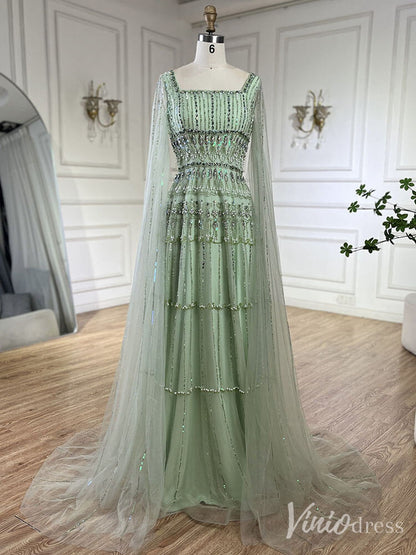 Beaded Lace Square Neck Prom Dresses Extra Long Sleeve Pageant Dress 20235-Evening Dresses 2025 -Viniodress-Green-US 2-