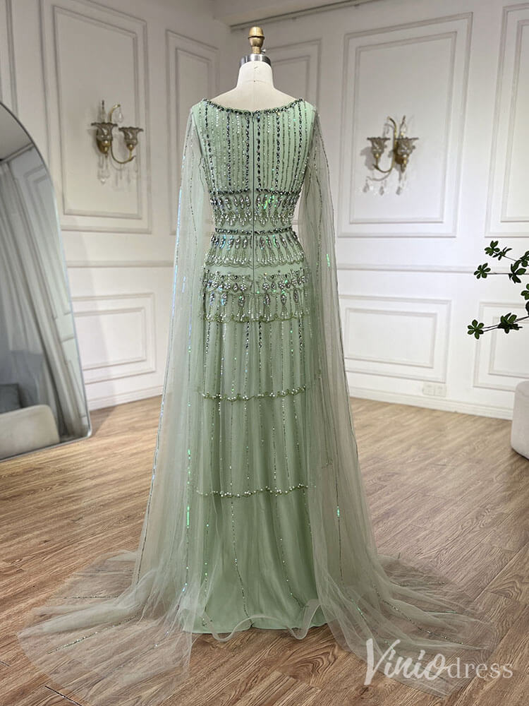 Prom Dress 2025 Beaded Lace Square Neck Prom Dresses Extra Long Sleeve Pageant Dress 20235-unique prom dresses-Green-US 2-Viniodress