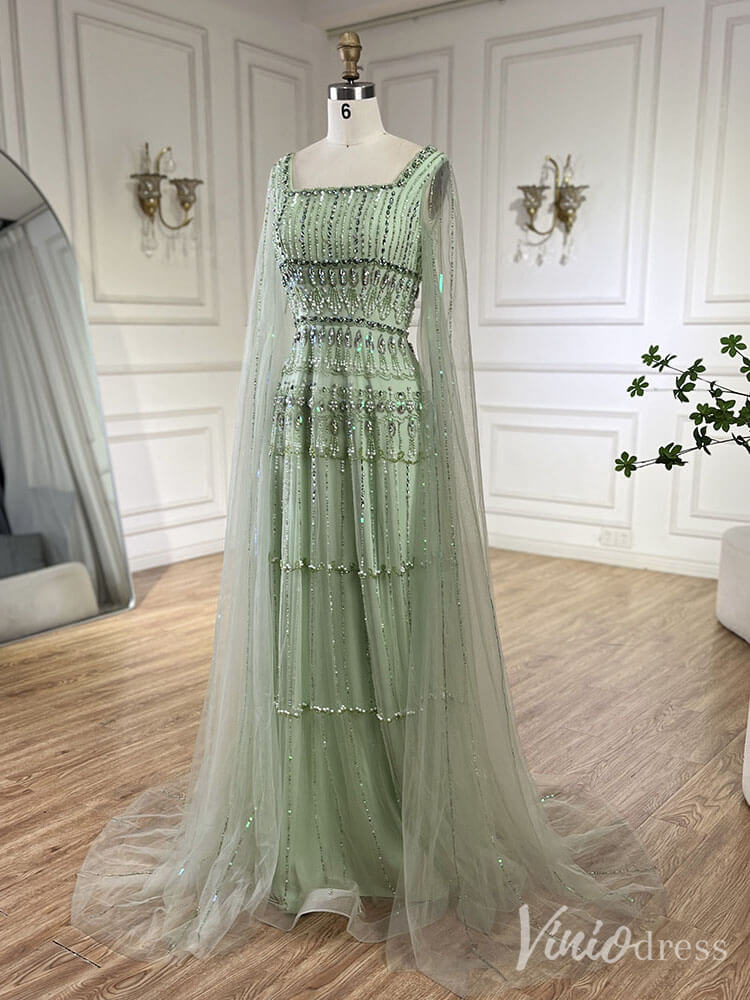 Prom Dress 2025 Beaded Lace Square Neck Prom Dresses Extra Long Sleeve Pageant Dress 20235-unique prom dresses-Green-US 2-Viniodress