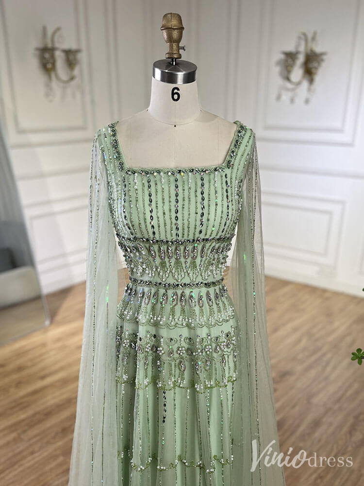 Prom Dress 2025 Beaded Lace Square Neck Prom Dresses Extra Long Sleeve Pageant Dress 20235-unique prom dresses-Green-US 2-Viniodress