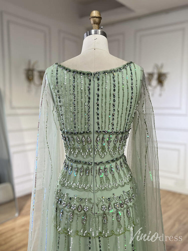 Prom Dress 2025 Beaded Lace Square Neck Prom Dresses Extra Long Sleeve Pageant Dress 20235-unique prom dresses-Green-US 2-Viniodress